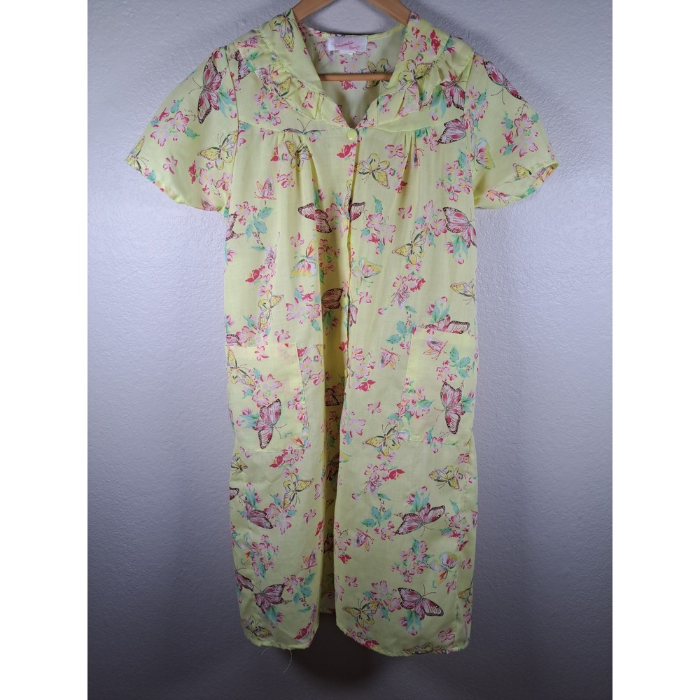 Amanda Paige Butterfly Floral House Dress Yellow Button Front Duster Pockets M